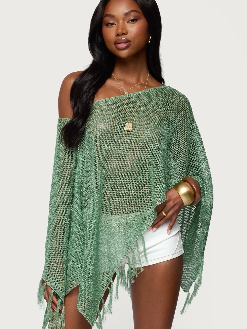 Edikted Sage Green Open-Knit Fringe Poncho